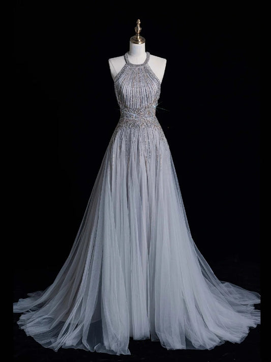 Chic A line Halter Silver Gray Sequins Senior Prom dresses High School Long Formal Dresses N1270