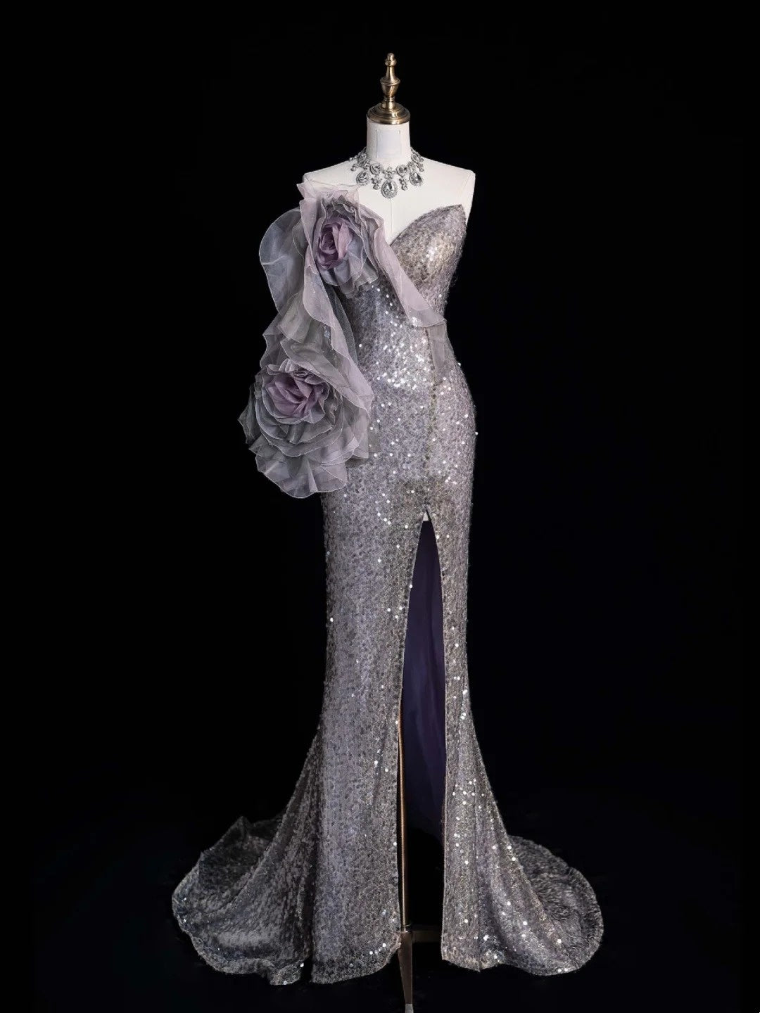 Prinzessin Meerjungfrauen-Abendkleid mit Herzausschnitt, grau, paillettenbesetzt, mit Schlitz, langes formelles Abendkleid, Ballkleid N743