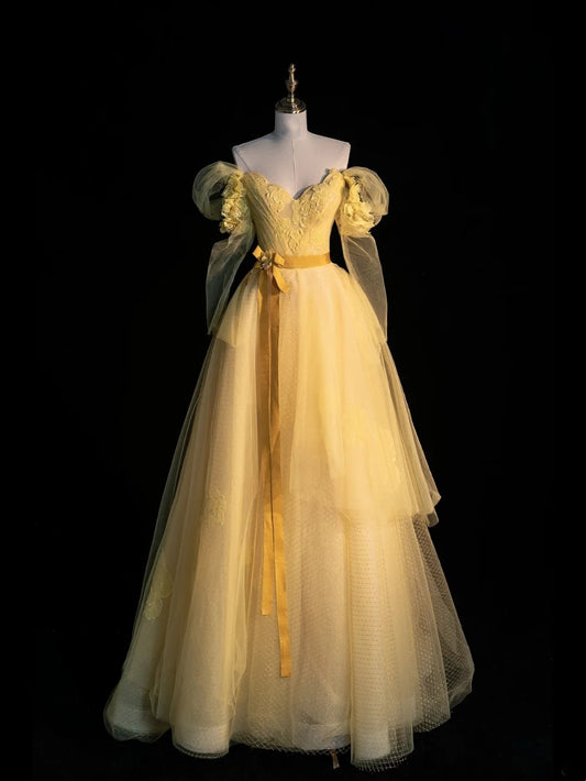 Modest Ball Gown Off The Shoulder Yellow Tulle College Formal Sweet 16 Outfit Long Sleeves Prom Dresses For Teens N1169