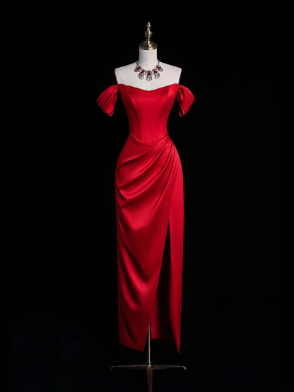 Robe de bal de fin d'année chic en satin rouge, fourreau, épaules dénudées et fente, N1271