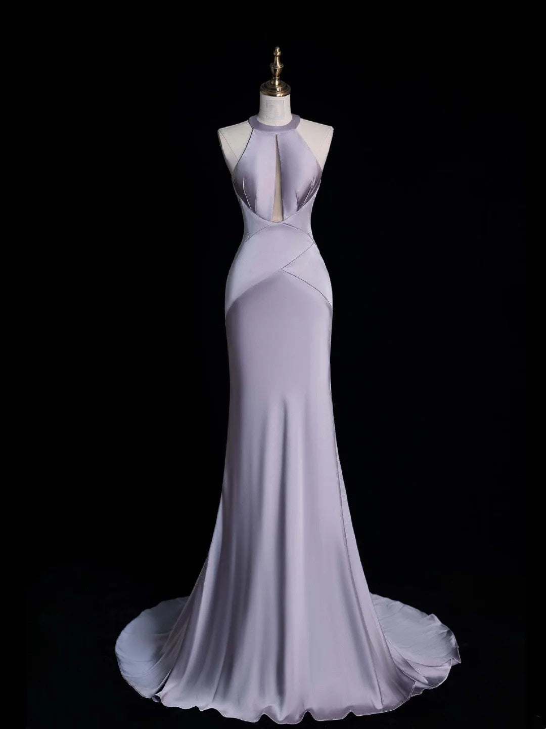 Robe de soirée longue de princesse sirène dos nu en satin lilas poudré N744