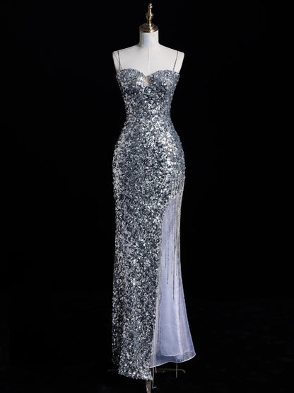 Elegantes Meerjungfrauen-Abendkleid mit Spaghettiträgern, silber-grau mit Pailletten, langes formelles Kleid für die Oberstufe, N1269