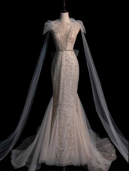 Sparkly Wedding Dresses Mermaid V Neck Ivory Sequins Long Brides Dress Fitted Bridal Gown N1353