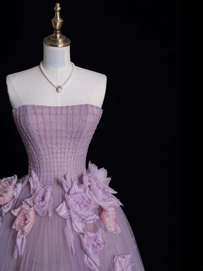 Robe de bal modeste sans bretelles en tulle lilas, longue robe de soirée formelle, robe de bal de fin d'année N747