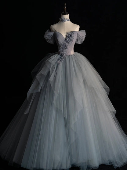 Robe de bal modeste à épaules dénudées en tulle argenté, inspiration robes de soirée, robe de princesse formelle N1280