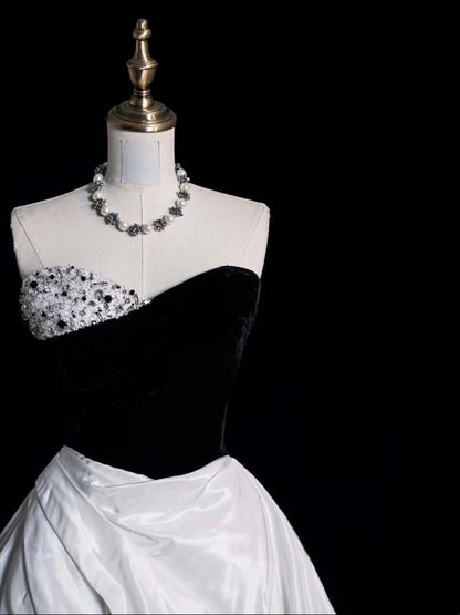 Elegantes Ballkleid mit herzförmigem Ausschnitt, schwarzem Oberteil und weißem Satin, langes Abendkleid für Damen und Mädchen, N650