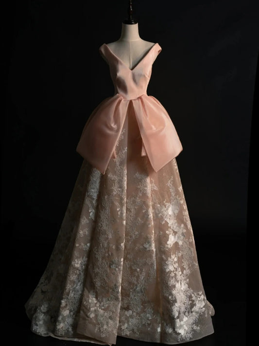 Princess Ball Gown V Neck Blush Pink Satin College Formal Outfit Prom Graduation Dresses For Teens N1345