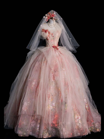 Elegantes, trägerloses Ballkleid aus rosa Tüll mit Blumenmuster – Inspiration für festliche Anlässe und Prinzessinnen-Abendkleider N756
