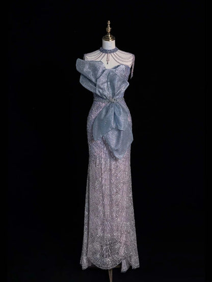 Robe de bal longue sirène grise à sequins, décolleté cœur, inspiration robe de soirée, robe de bal RB1433