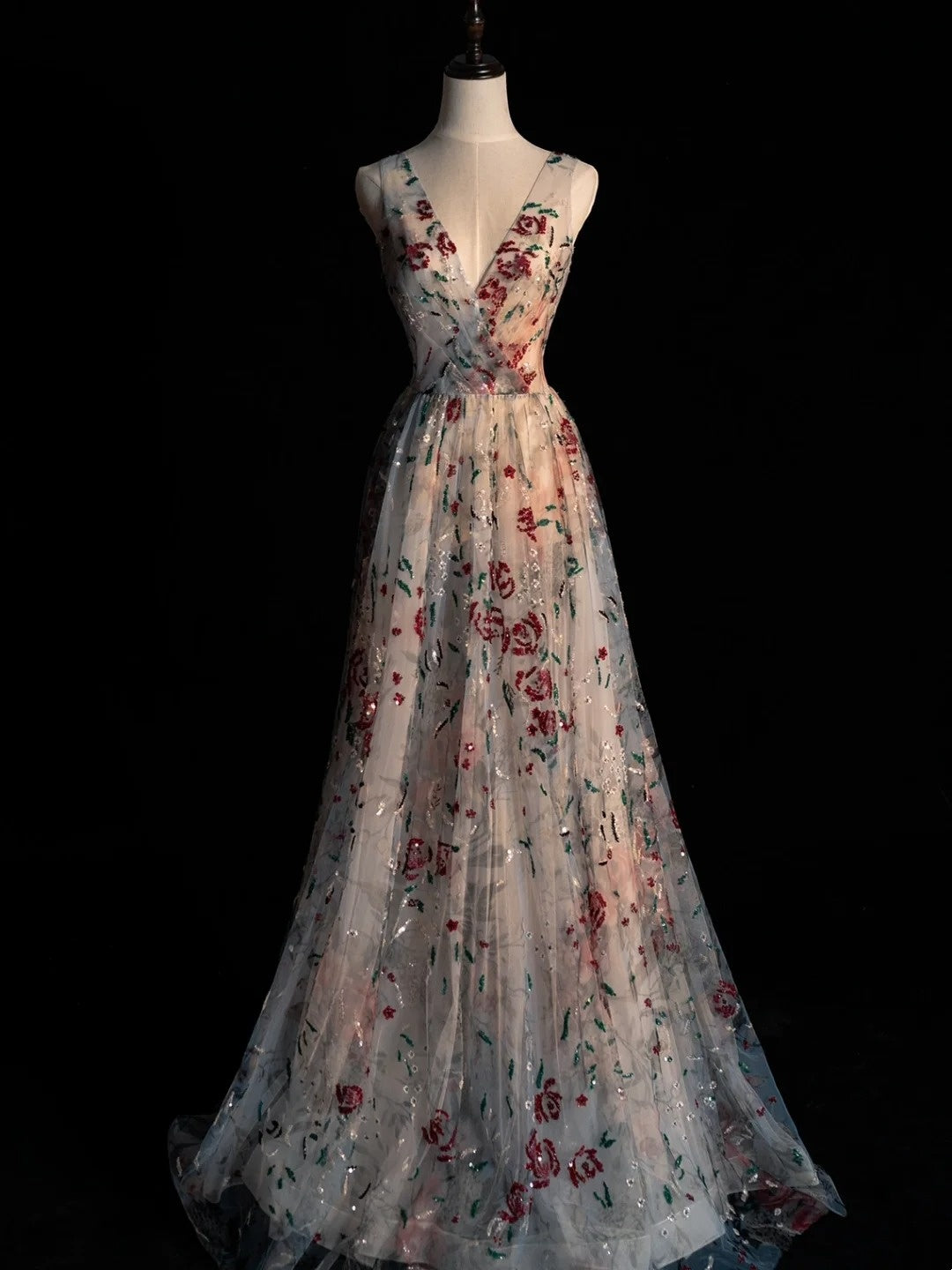 Robe de bal longue élégante en tulle fleuri, coupe trapèze, col en V, pour adolescentes - Tenue de soirée - Robe de cérémonie N1083