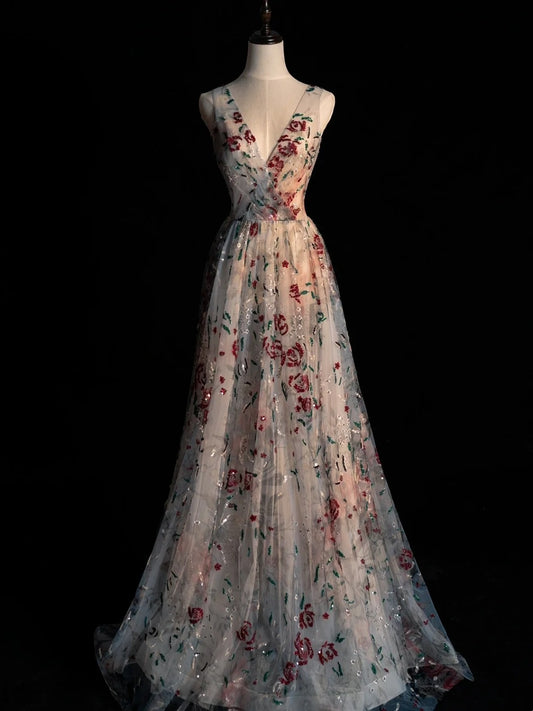 Elegant A line V Neck Floral Tulle Long Prom Dresses For Teens Evening Outfits Formal Dress N1083