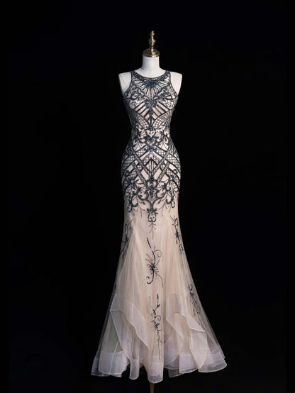 Robe de bal longue sirène vintage en tulle champagne à col bijou N1350