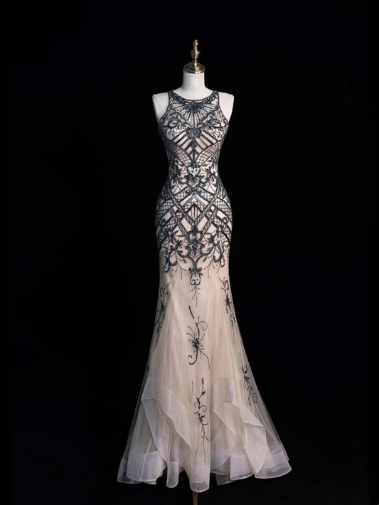 Vintage Mermaid Jewel Neck Champagne Tulle Prom Dresses Long Formal Party Gown N1350