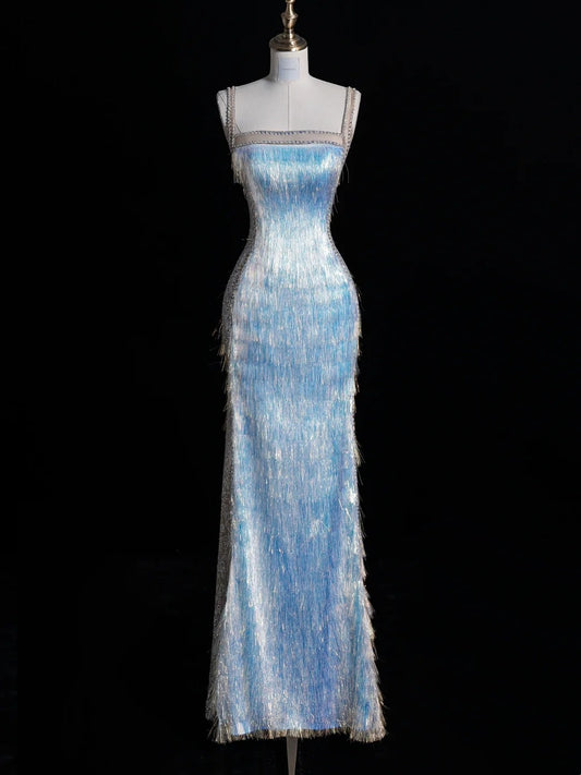 Glitzerndes, langes, blaues Meerjungfrauen-Abendkleid mit Spaghettiträgern – Inspiration für Outfits zum 18. Geburtstag – Festliches Kleid N487