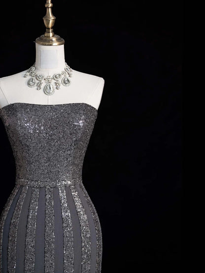 Funkelndes, trägerloses Meerjungfrauen-Abendkleid mit silber-grauen Pailletten, langes formelles Kleid für die Oberstufe, N1282