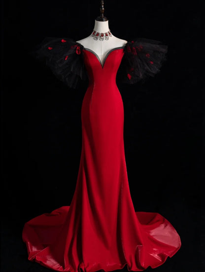 Elegantes, schulterfreies, rotes Satinkleid mit Ärmeln in Meerjungfrauen-Länge – Inspiration für lange Ballkleider N1217
