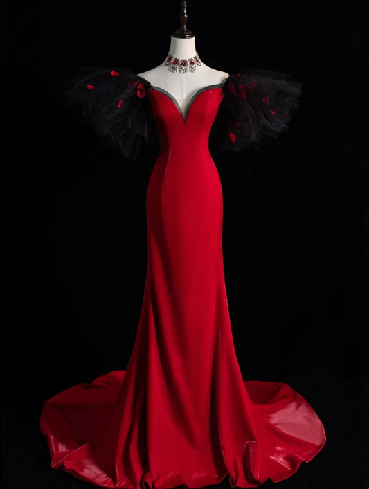 Elegantes, schulterfreies, rotes Satinkleid mit Ärmeln in Meerjungfrauen-Länge – Inspiration für lange Ballkleider N1217