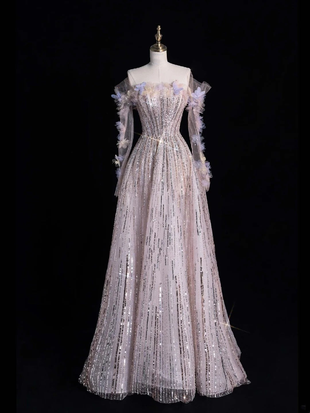 Prinzessinnen-Abendkleid in A-Linie, schulterfrei, paillettenbesetzt, lang, formell, Ballkleid N741
