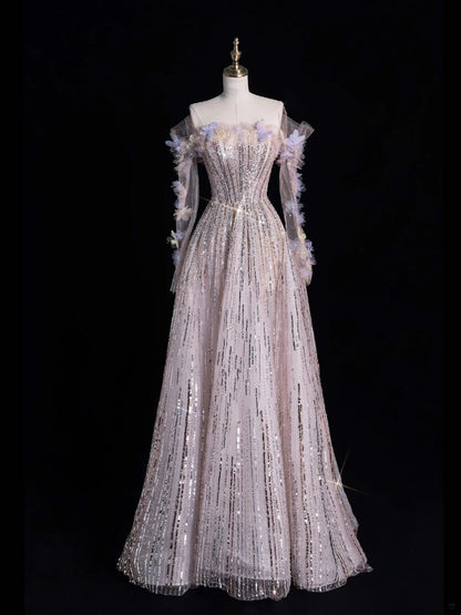 Prinzessinnen-Abendkleid in A-Linie, schulterfrei, paillettenbesetzt, lang, formell, Ballkleid N741