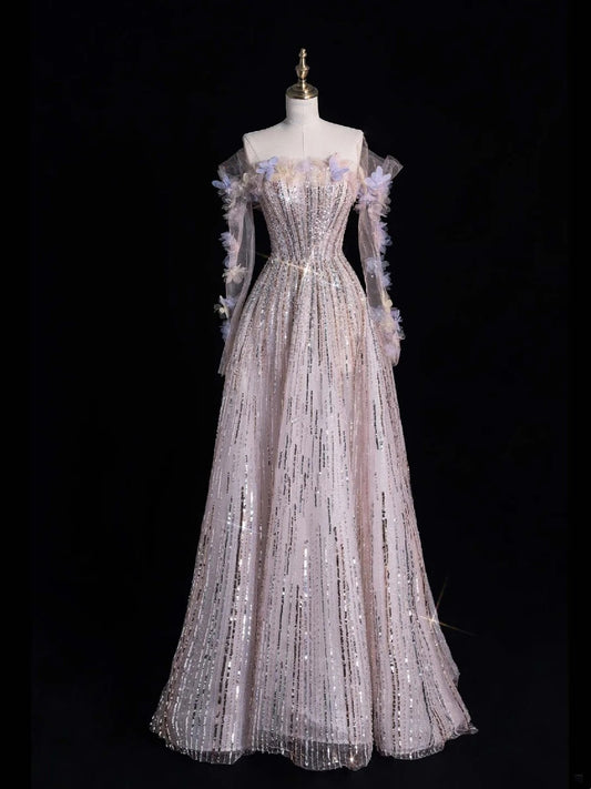 Princess A Line Off The Shoulder Sequined Long Formal Evening Dress Gowns Prom Dresses N741