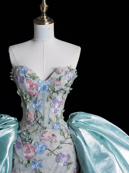 Modest Sheath Sweetheart Sleeveless Tulle Floral Long Prom Dress Mint Green For Women Girls Evening Dresses N655