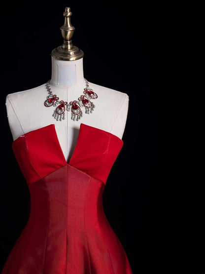 Elegantes, trägerloses, rotes Ballkleid mit Falten und Rüschen, langes Abendkleid, halbformelles Kleid N691