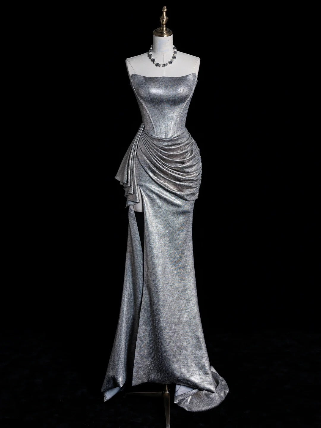Robe de bal longue sirène sans bretelles, sequins gris argentés, corsage plissé, robe de soirée N611