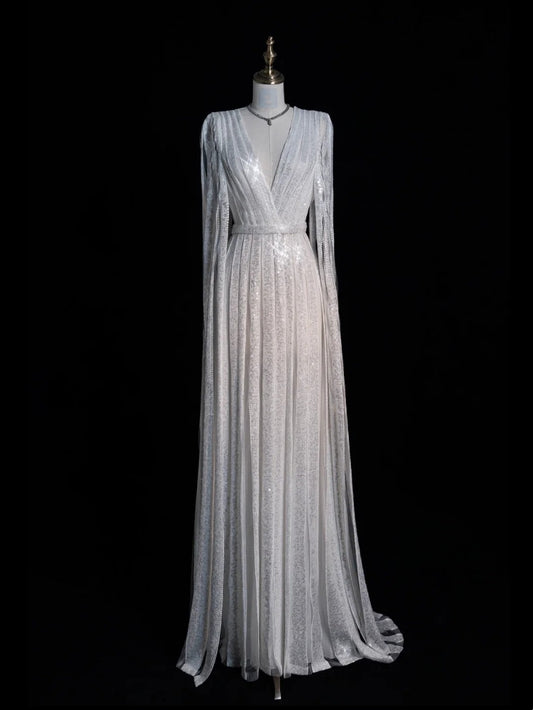 Modest A Line V Neck White Sequin With Long Sleeves Cape Prom Dresses Evening Party Formal Gown 17th Birthday Outfits AB811