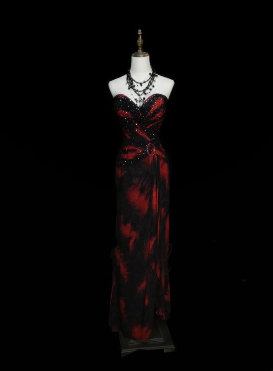 Modest Mermaid Sweetheart Black Red Floral Chiffon Beaded Senior 80s Prom Dresses High School Long Formal Dress N1338