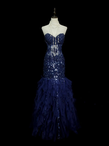 Vintage Mermaid Sweetheart Navy Blue Tulle Sleeveless Formal For Women Girls Teens Prom Dresses N2262