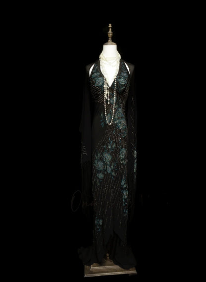 Vintage Prom Dresses Aesthetic Mermaid Halter Floral Chiffon Black With Beaded Crystals Bodice Inspo Formal Party Gowns N1824