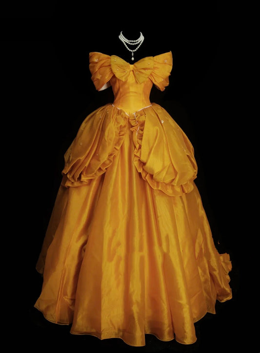 Cute Ball Gown Off The Shoulder Yellow Organza Sweet 16 Dresses Quinceanera Dress N2143