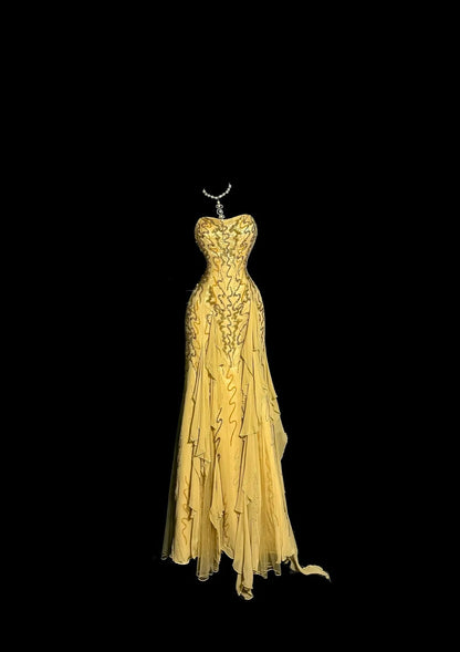 Robes de bal modestes sirène sans bretelles en mousseline dorée avec perles longue robe de soirée formelle N3863