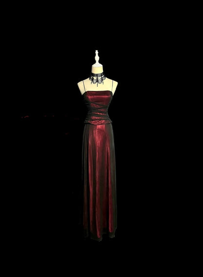 Belles robes de bal trapèze bordeaux à fines bretelles en tulle noir, longues tenues de soirée N3434