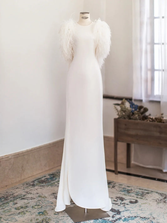 Chic Mermaid Scoop Satin Backless With Feathers White Satin Long Summer Bridal Gown Wedding Dresses RB3982