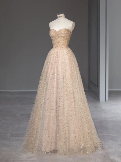 Princess Prom Dresses Ball Gown Sweetheart Champagne Tulle Sweet 16 Evening Long Formal Dress RB4007