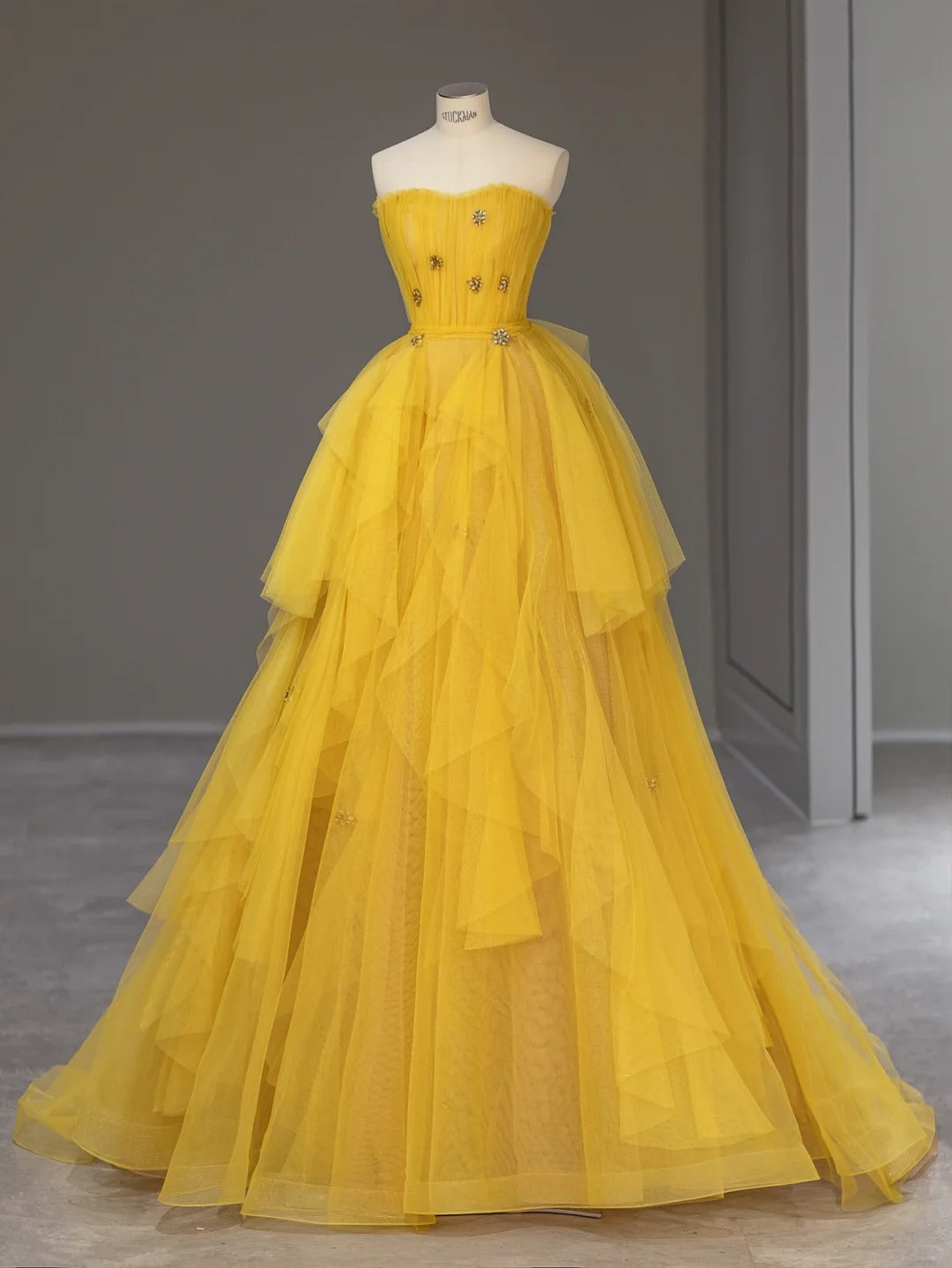Princess Prom Dresses Ball Gown Strapless Yellow Tulle Sweet 16 Evening Long Formal Dress RB4004
