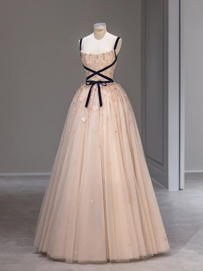 Beautiful Ball Gown Spaghetti Straps Light Pink Tulle Sleeveless Long Prom Dresses Inspo Formal Outfits RB3991