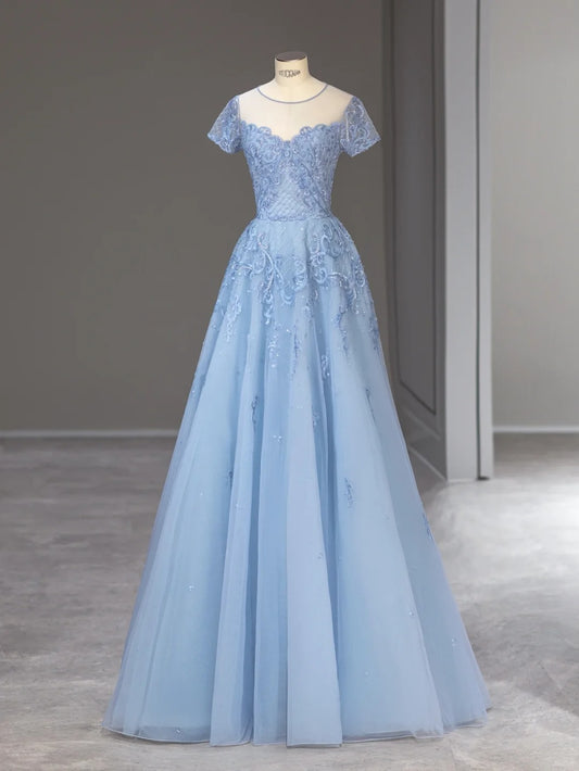 Elegant A Line Scoop Light Blue Tulle With Appliqued Long Prom Dresses Inspo Evening Outfits RB3997