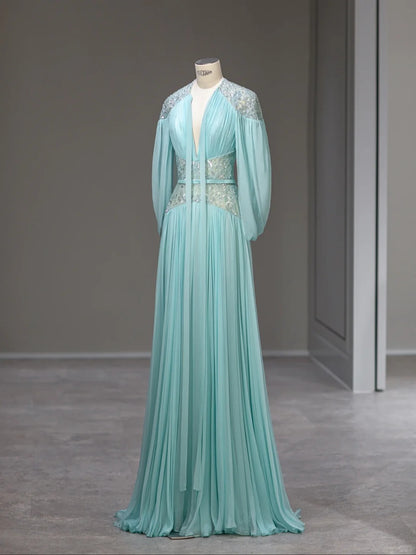 Magnifique Robe de Bal Longue Bleue en Mousseline de Soie avec Manches et Col en V Coupe Trapèze Idée Tenues Formelles RB3992
