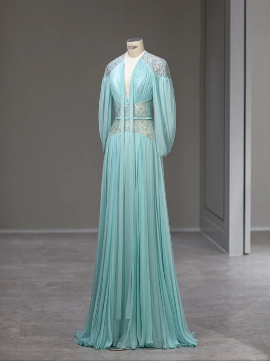 Beautiful A Line V Neck Blue Chiffon With Sleeves Long Prom Dresses Inspo Formal Outfits RB3992