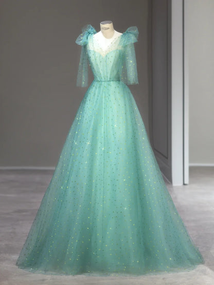 Beautiful Ball Gown Straps Green Tulle Sleeveless Long Prom Dresses Inspo Formal Outfits RB3990