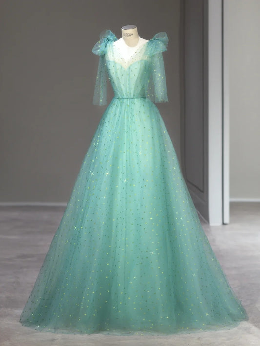 Beautiful Ball Gown Straps Green Tulle Sleeveless Long Prom Dresses Inspo Formal Outfits RB3990