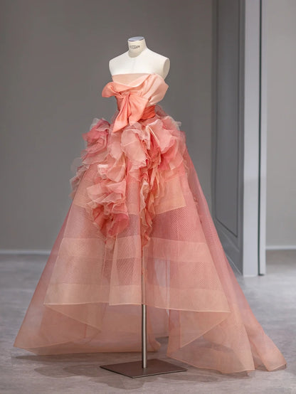 Beautiful Ball Gown Strapless Pink Tulle Sleeveless Long Prom Dresses Inspo Formal Outfits RB3989