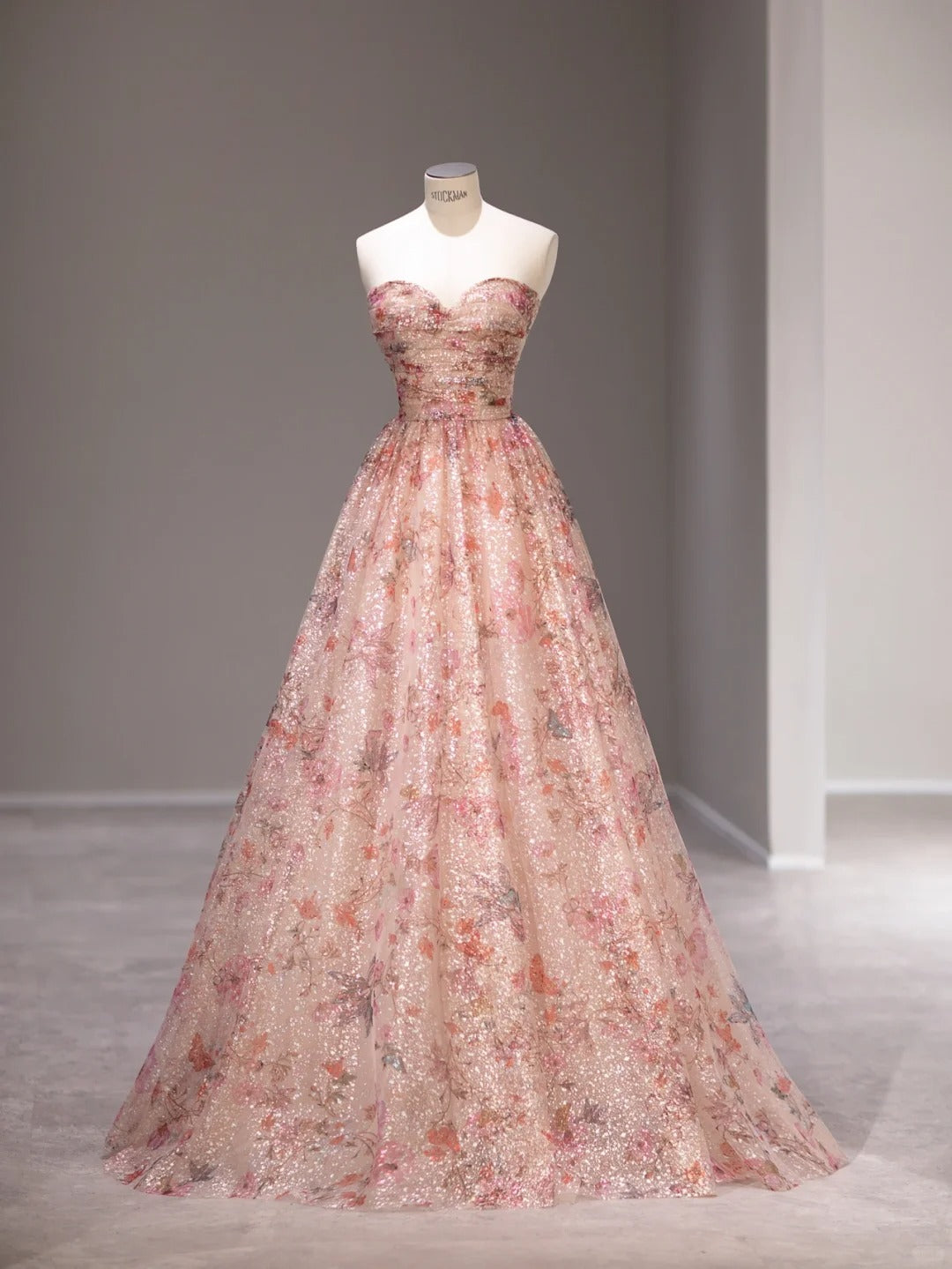 Sweet A line Sweetheart Pink Floral Tulle Sleeveless Long Prom Dresses Formal Outfits RB3987