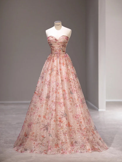 Sweet A line Sweetheart Pink Floral Tulle Sleeveless Long Prom Dresses Formal Outfits RB3987