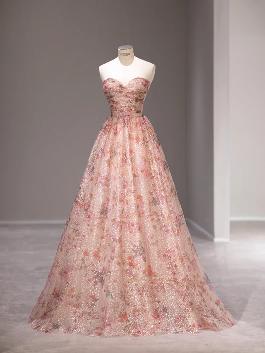 Sweet A line Sweetheart Pink Floral Tulle Sleeveless Long Prom Dresses Formal Outfits RB3987