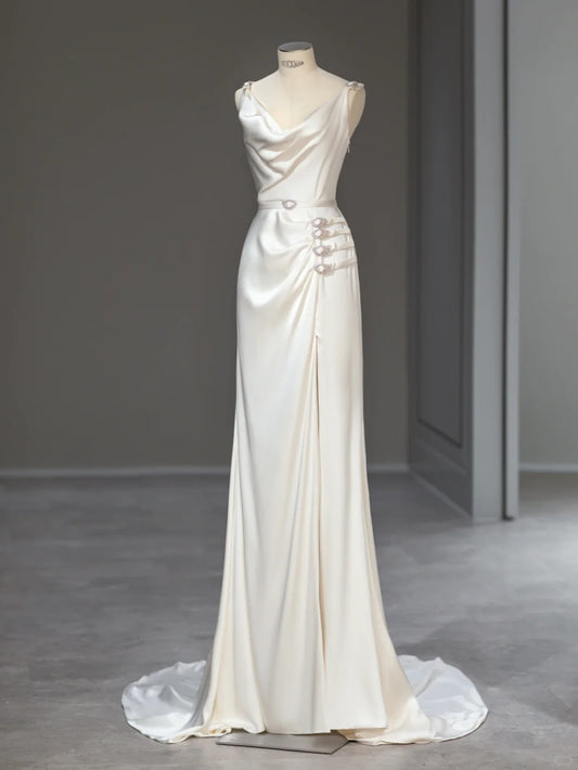 Chic Mermaid Cowl Neck Satin White Long Summer Bridal Gown Wedding Dresses RB4001