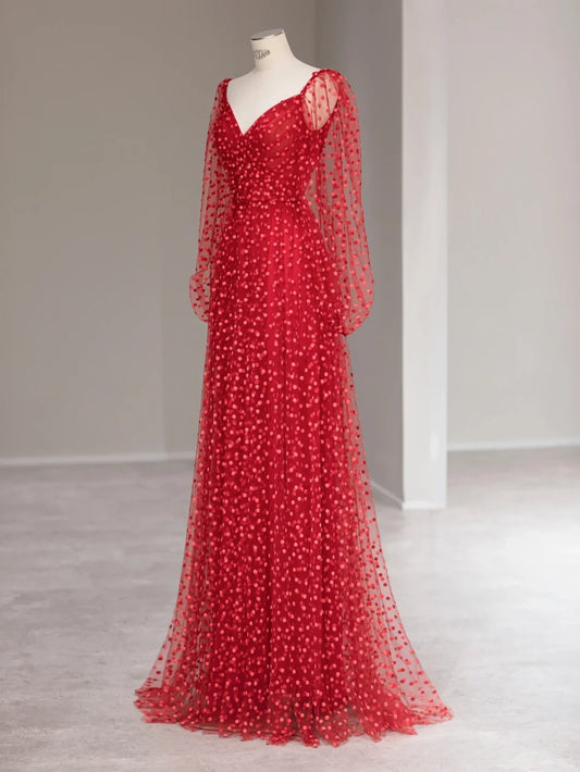 Sweet A line Sweetheart Red Polka Dots Tulle Sleeveless Long Prom Dresses Formal Outfits RB3986