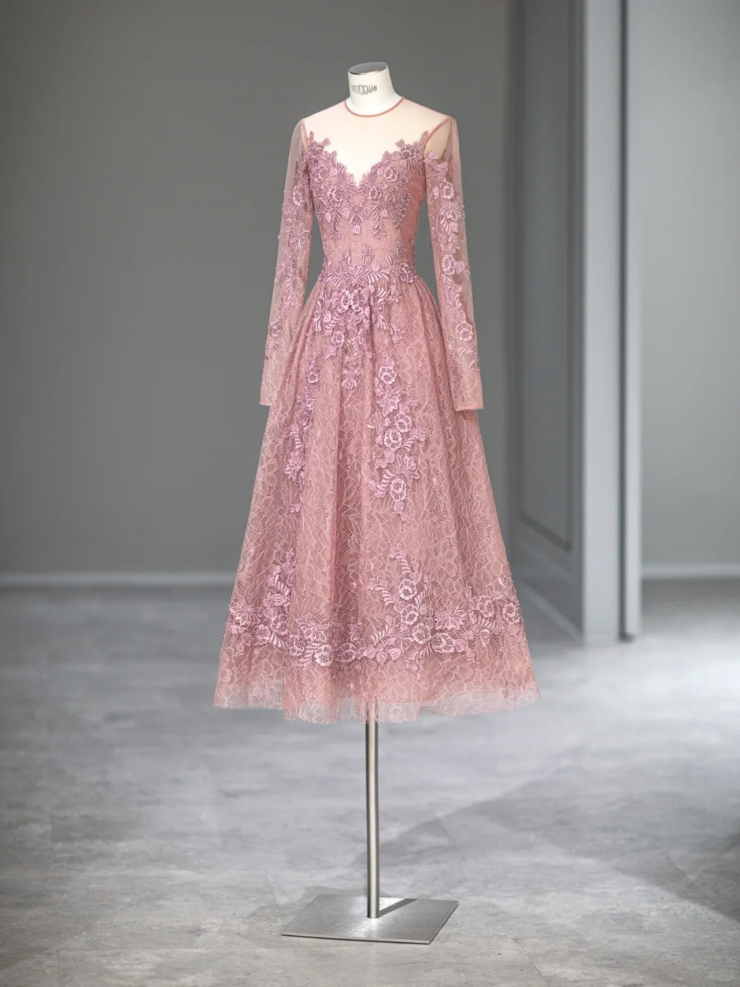 Elegant A line Scoop Pink With Long Sleeves Tea Length Prom Dresses Inspo Evening Outfits RB4002